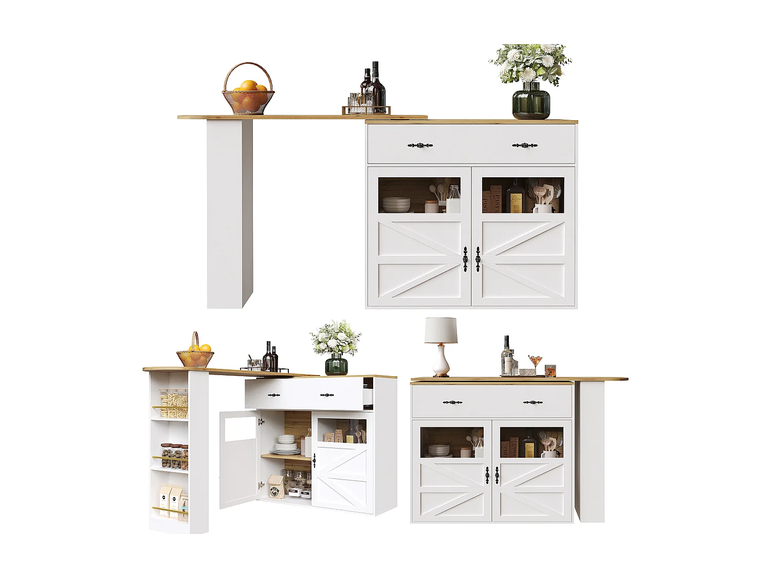 Meuble de bar extensible - 138-204 x 39 x 104 cm -  table à manger rotative à 360 °- avec 2 portes + 1 tiroir - MDF - blanc
