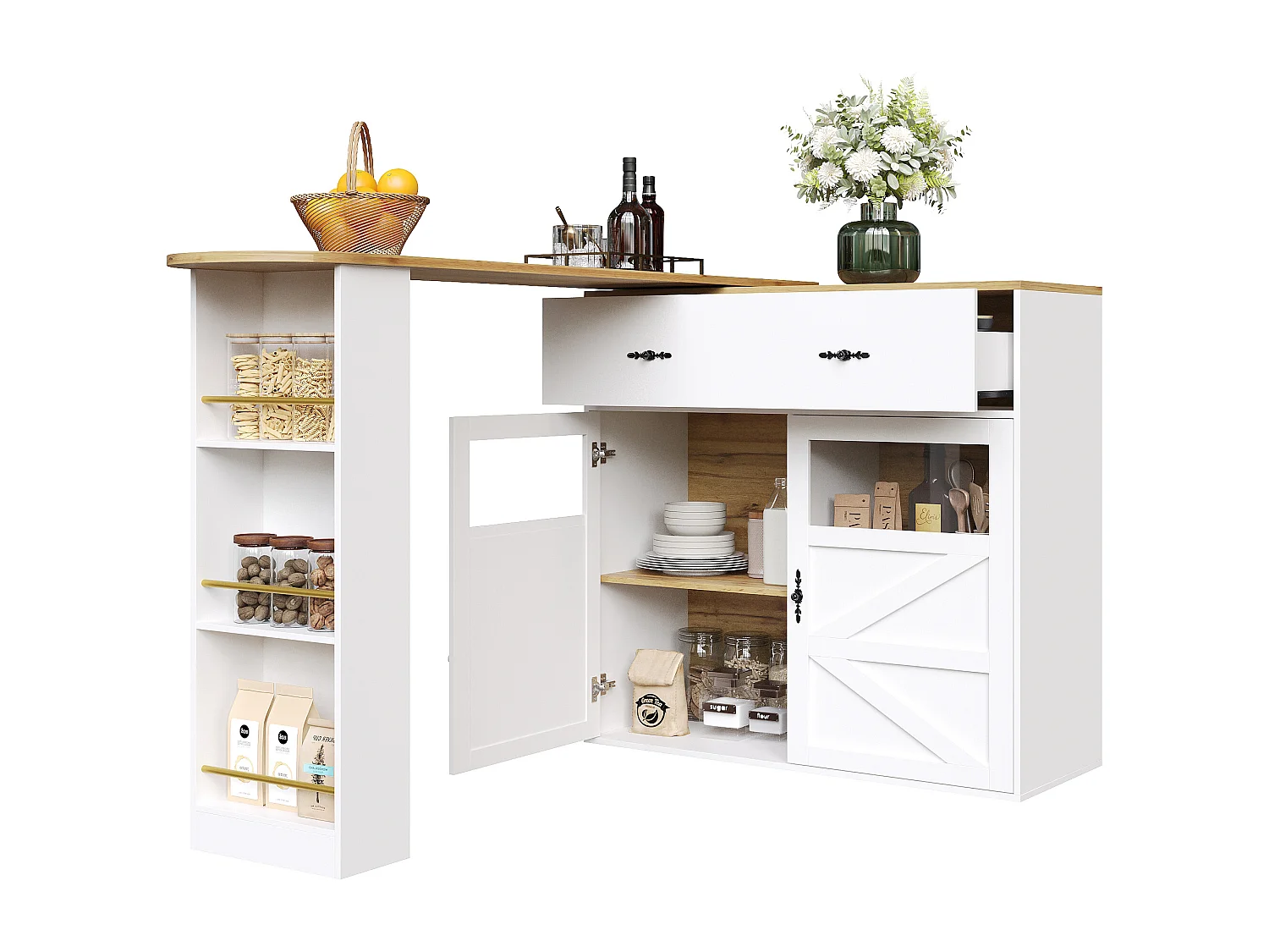 Meuble de bar extensible - 138-204 x 39 x 104 cm -  table à manger rotative à 360 °- avec 2 portes + 1 tiroir - MDF - blanc