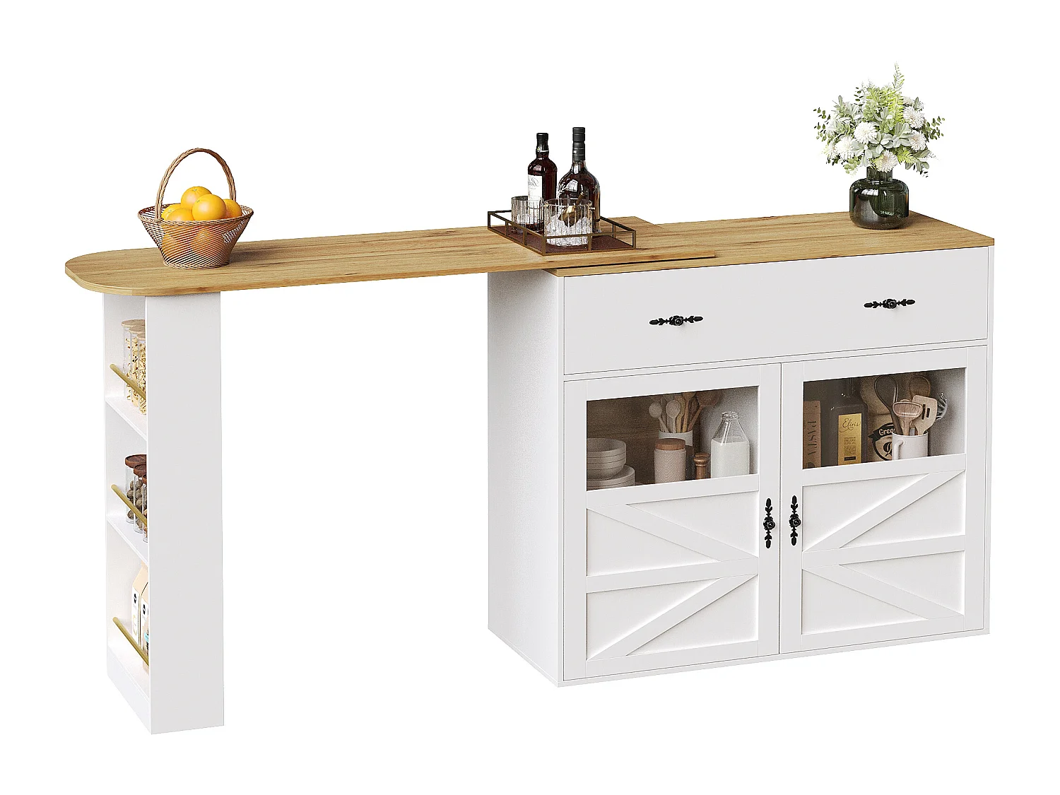 Meuble de bar extensible - 138-204 x 39 x 104 cm -  table à manger rotative à 360 °- avec 2 portes + 1 tiroir - MDF - blanc