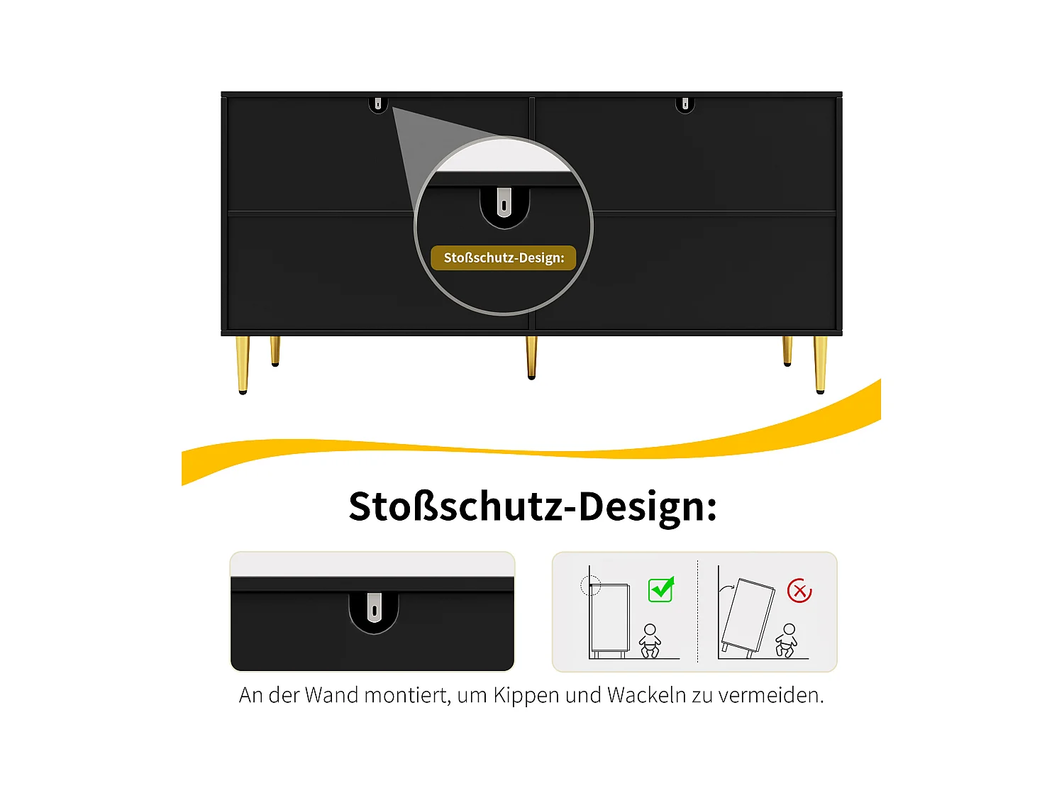 Buffet moderne - 152 x 40 x 75 cm - avec 4 portes + pieds dorés - Bois MDF - Noir