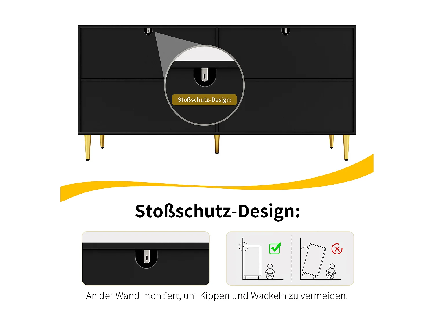 Credenza moderna - 152 x 40 x 75 cm - con 4 ante + gambe dorate - Legno MDF - Nero