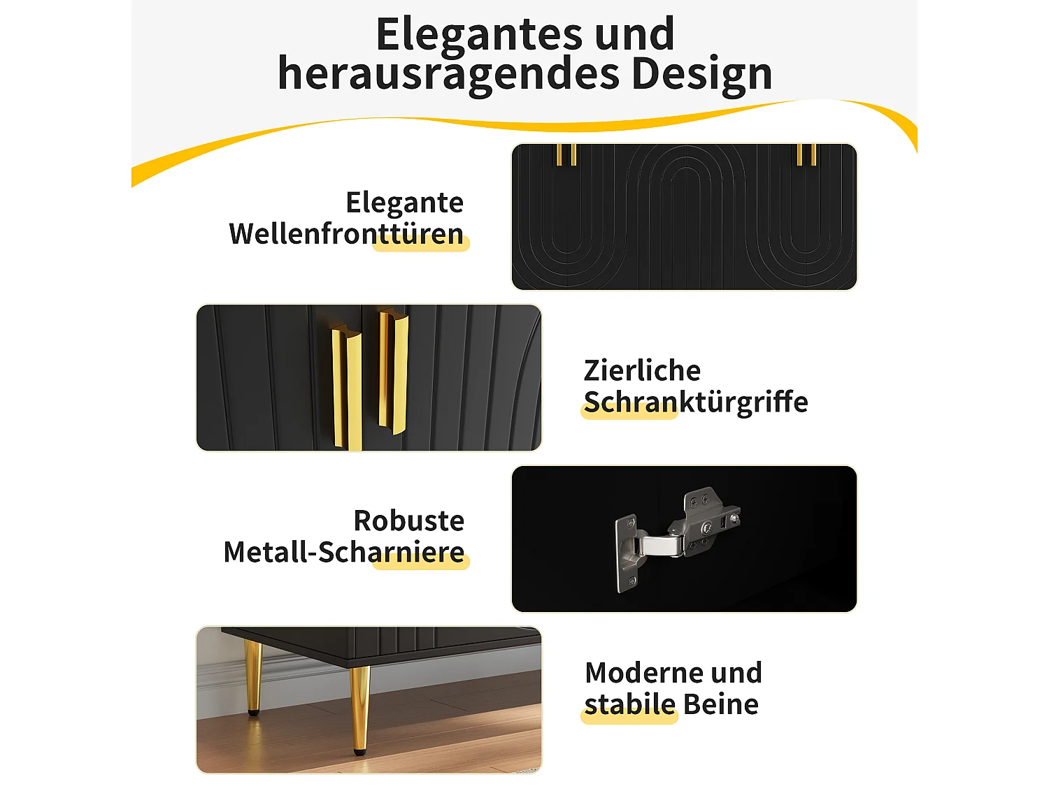 Credenza moderna - 152 x 40 x 75 cm - con 4 ante + gambe dorate - Legno MDF - Nero