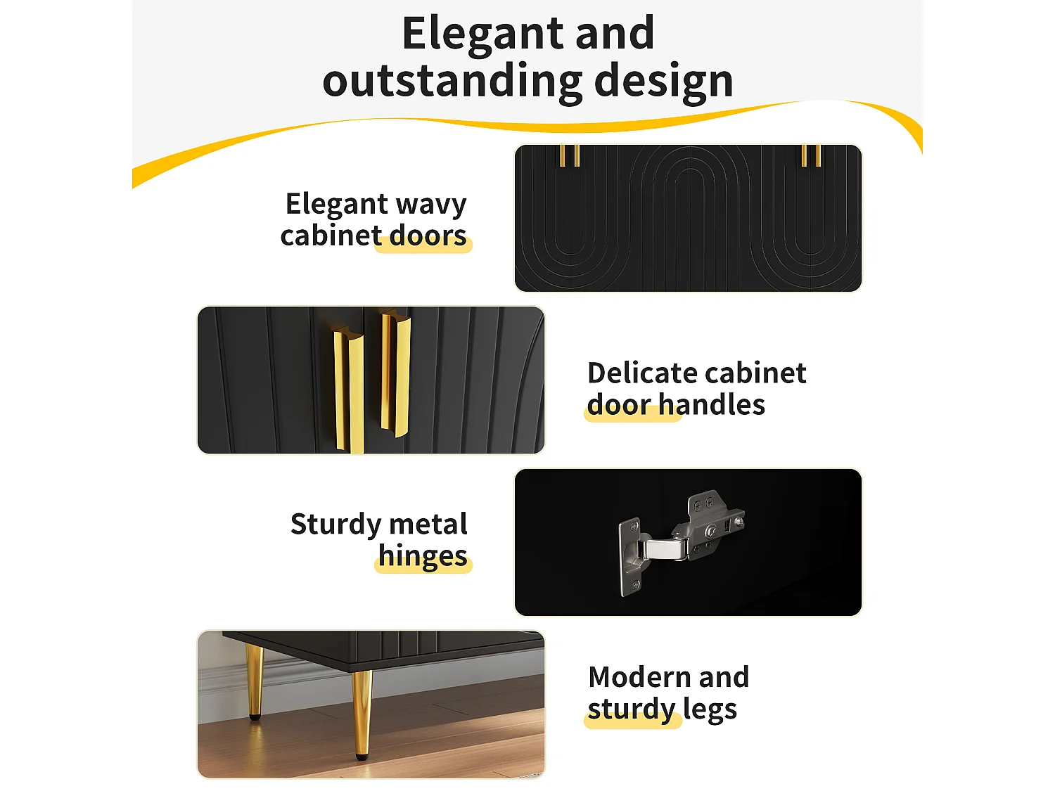 Credenza moderna - 152 x 40 x 75 cm - con 4 ante + gambe dorate - Legno MDF - Nero