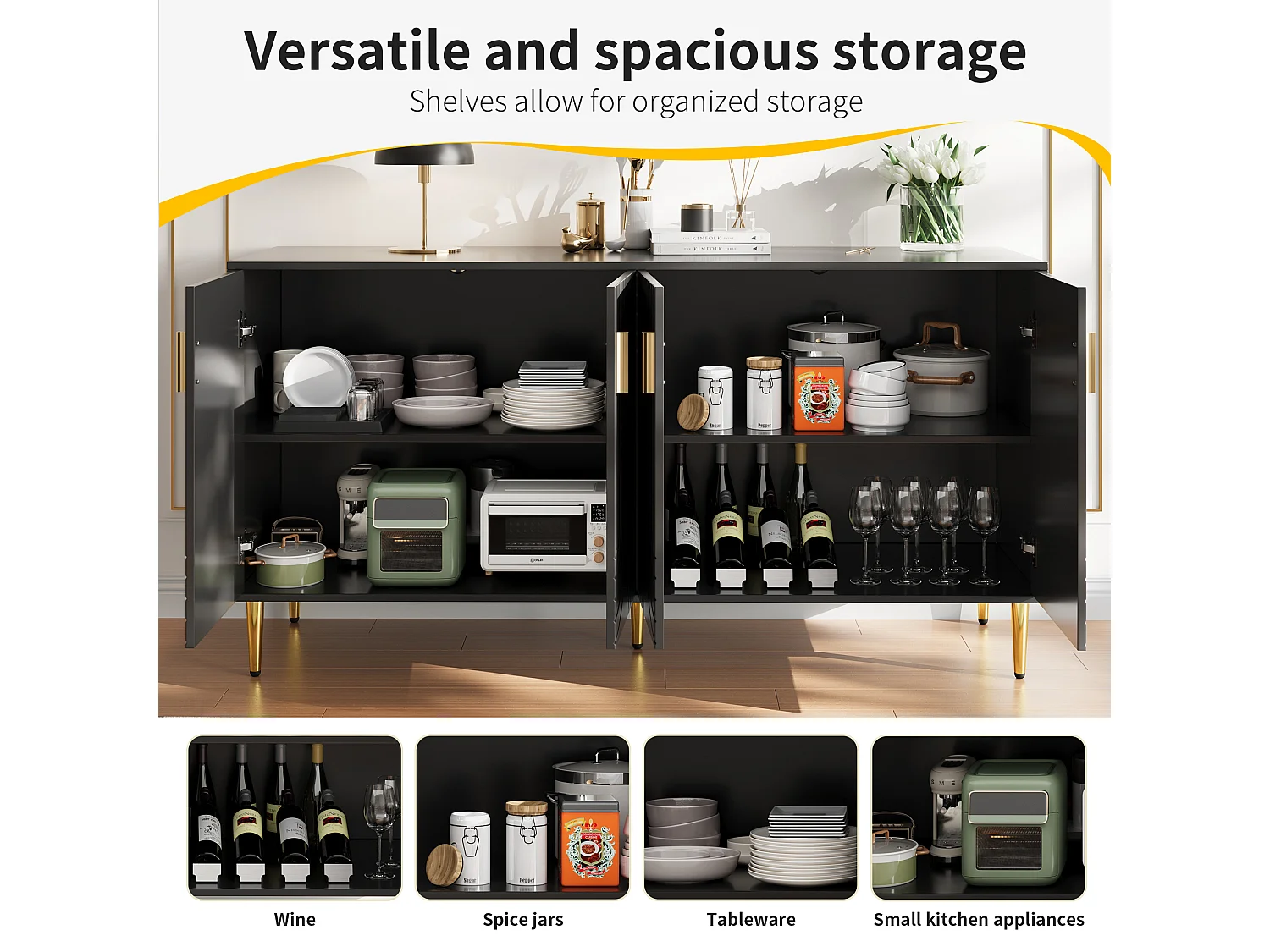 Credenza moderna - 152 x 40 x 75 cm - con 4 ante + gambe dorate - Legno MDF - Nero