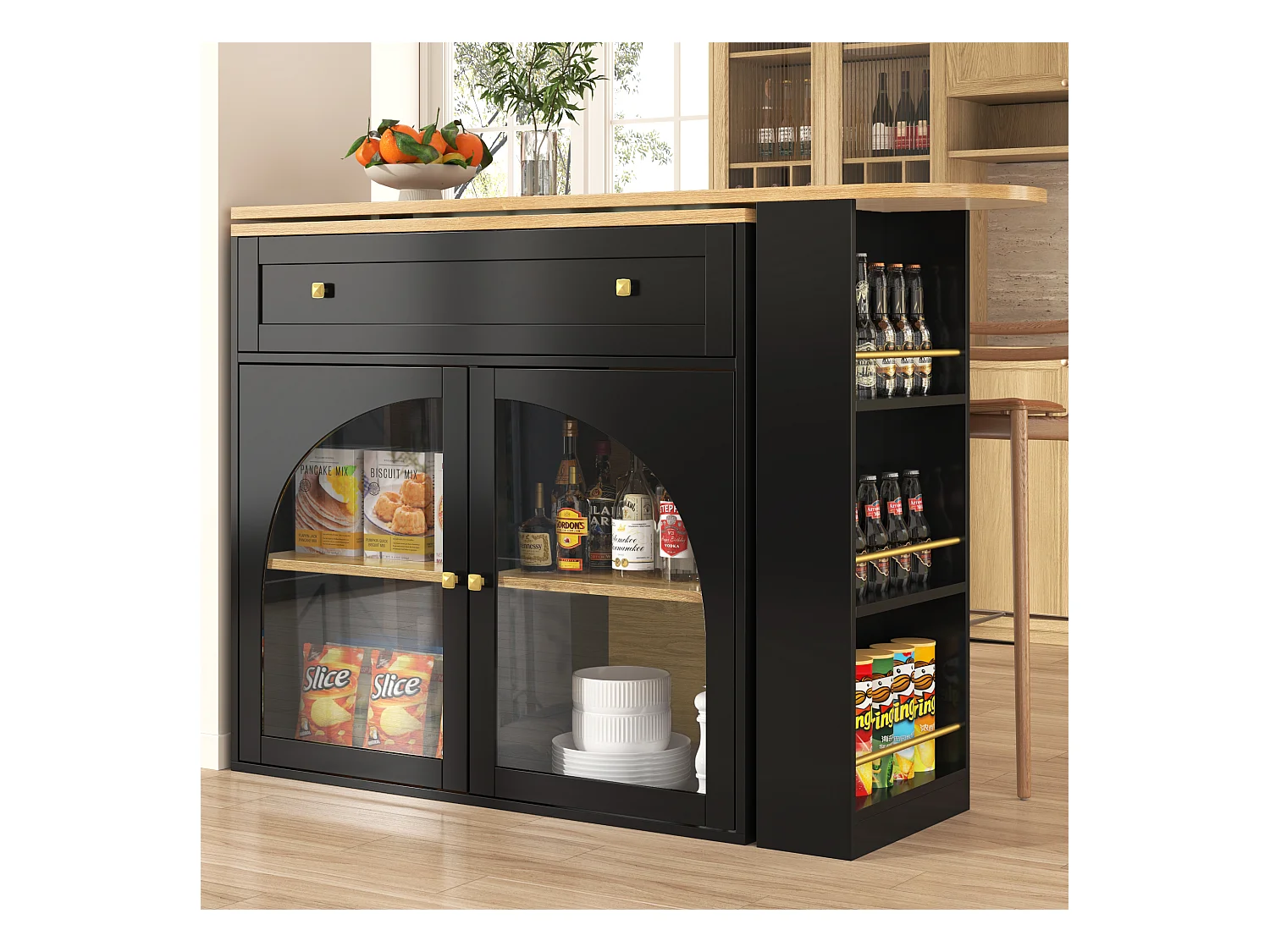 Meuble de bar extensible - 138-204 x 39 x 104 cm -  table à manger rotative à 360 °- avec 2 portes + 2 tiroirs - MDF - noir