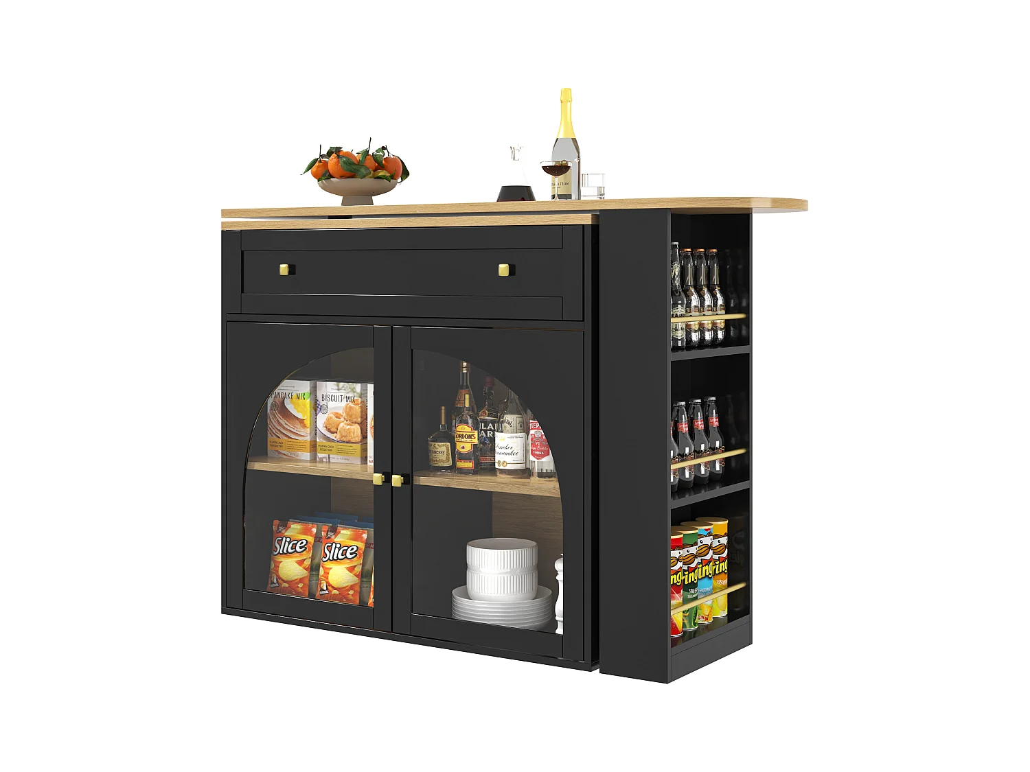 Meuble de bar extensible - 138-204 x 39 x 104 cm -  table à manger rotative à 360 °- avec 2 portes + 2 tiroirs - MDF - noir
