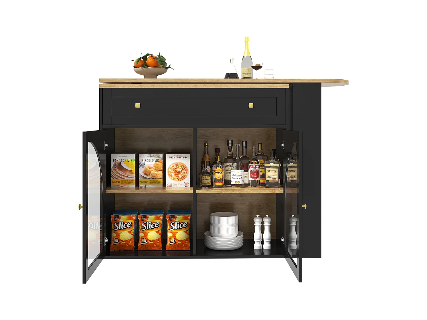 Meuble de bar extensible - 138-204 x 39 x 104 cm -  table à manger rotative à 360 °- avec 2 portes + 2 tiroirs - MDF - noir