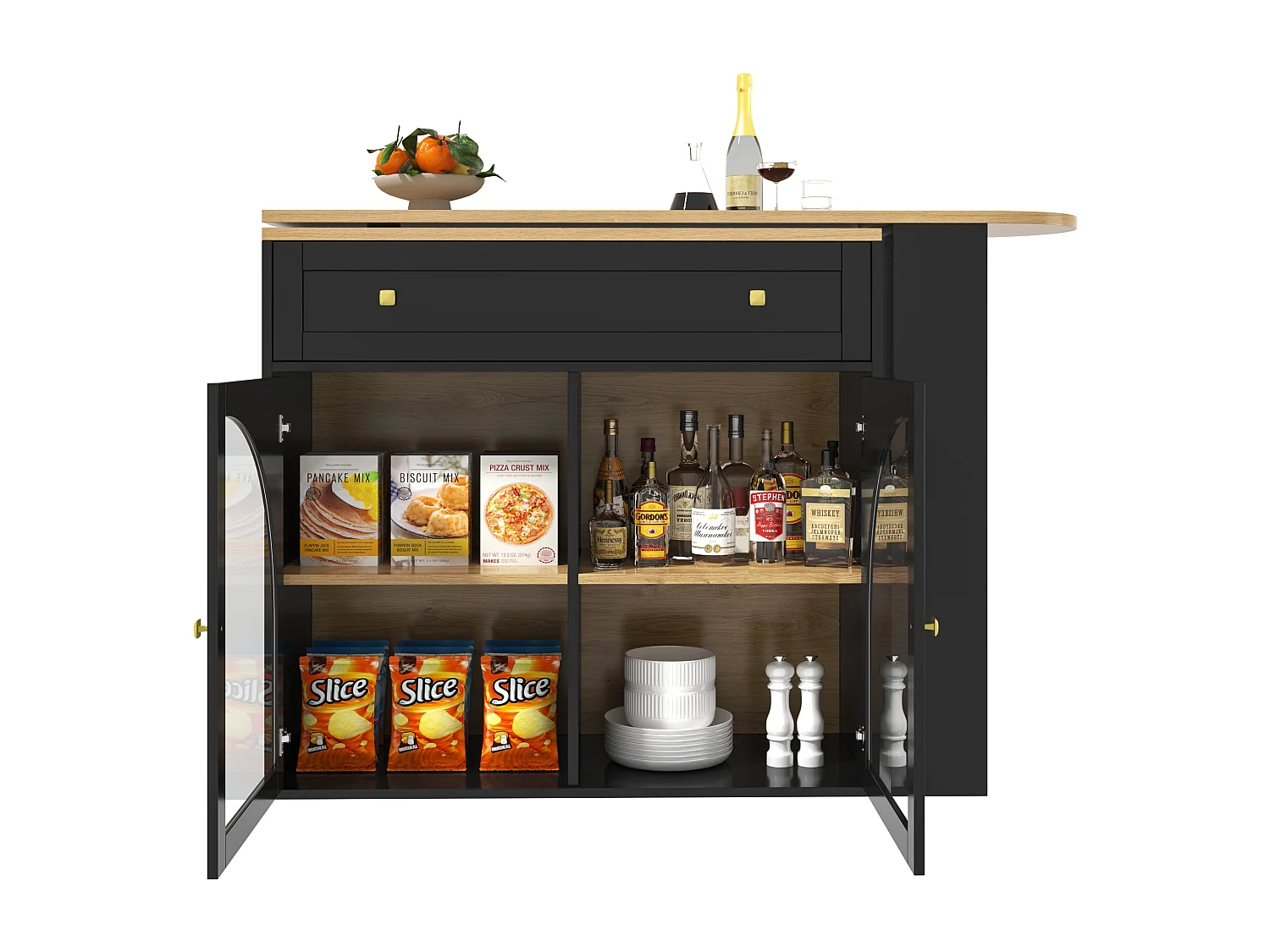 Meuble de bar extensible - 138-204 x 39 x 104 cm -  table à manger rotative à 360 °- avec 2 portes + 2 tiroirs - MDF - noir