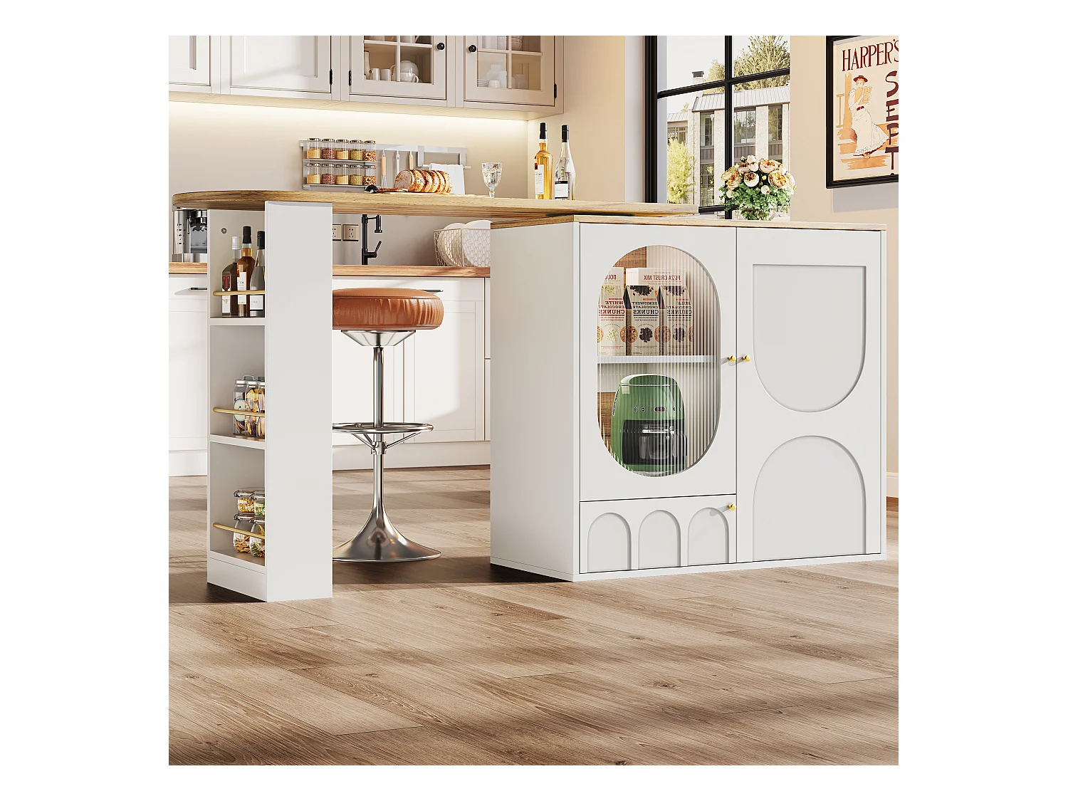 Meuble de bar rotative - 138 x 73 x 105 cm - 3 portes + séparateurs amovibles - MDF + Métal - blanc