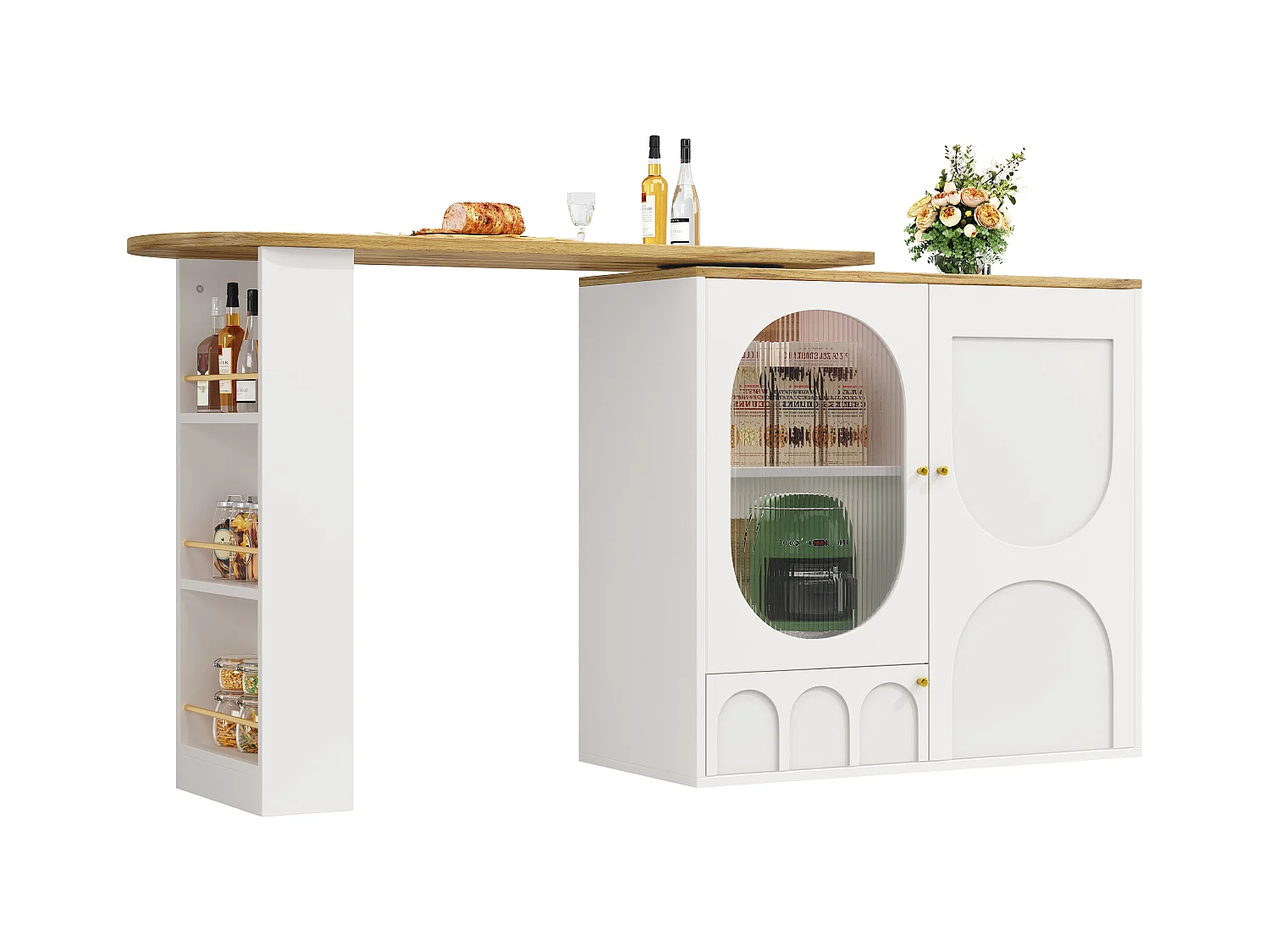 Meuble de bar rotative - 138 x 73 x 105 cm - 3 portes + séparateurs amovibles - MDF + Métal - blanc