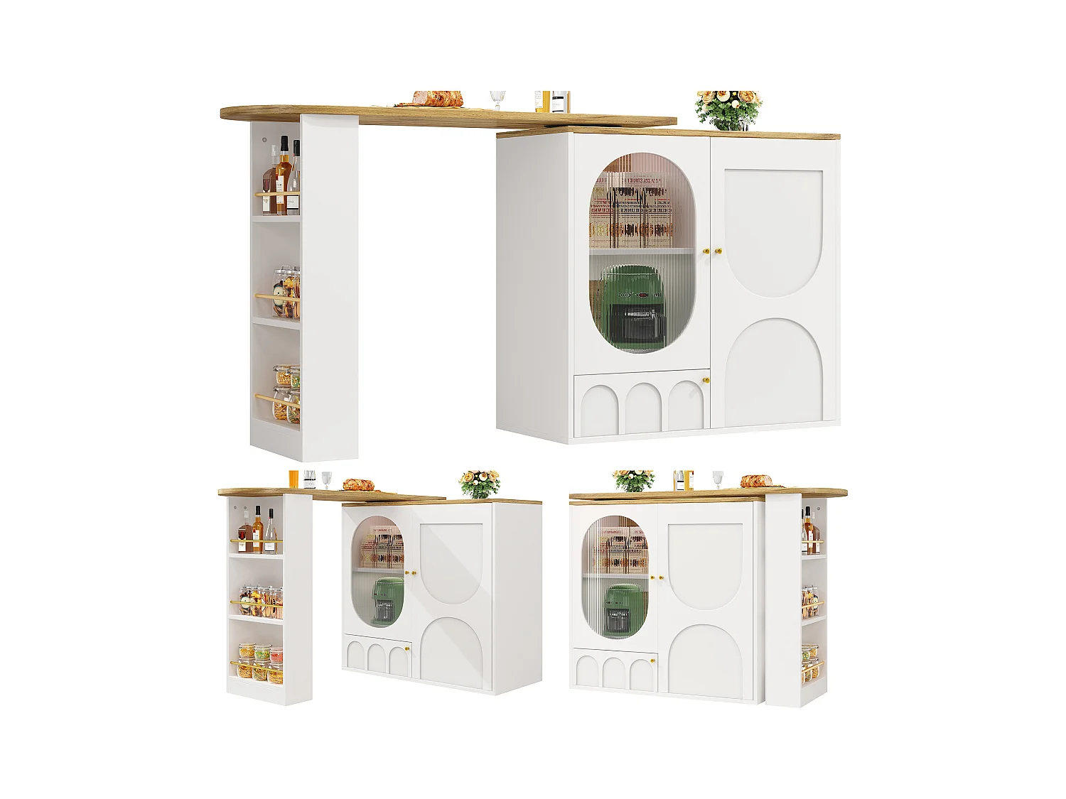 Meuble de bar rotative - 138 x 73 x 105 cm - 3 portes + séparateurs amovibles - MDF + Métal - blanc