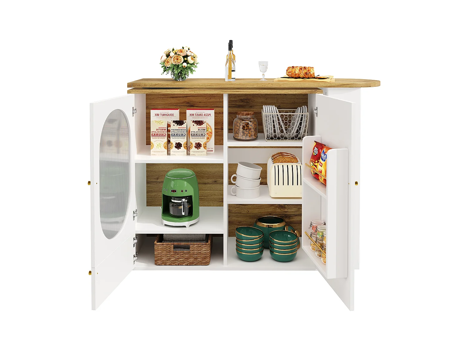 Meuble de bar rotative - 138 x 73 x 105 cm - 3 portes + séparateurs amovibles - MDF + Métal - blanc