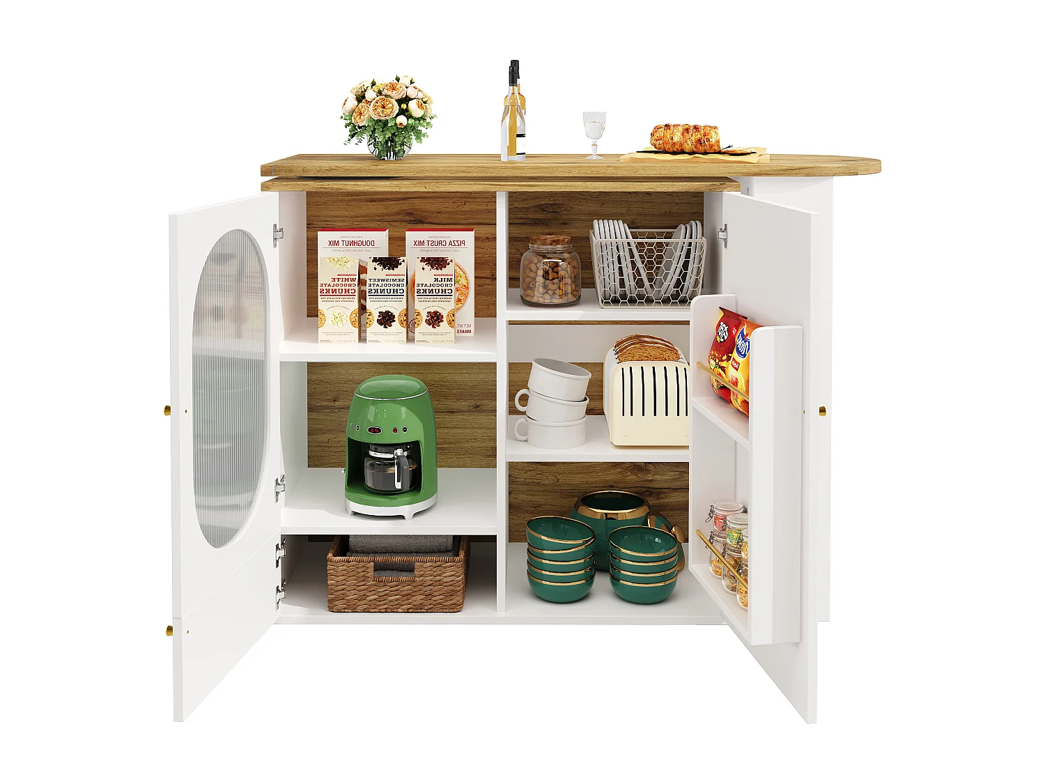 Meuble de bar rotative - 138 x 73 x 105 cm - 3 portes + séparateurs amovibles - MDF + Métal - blanc