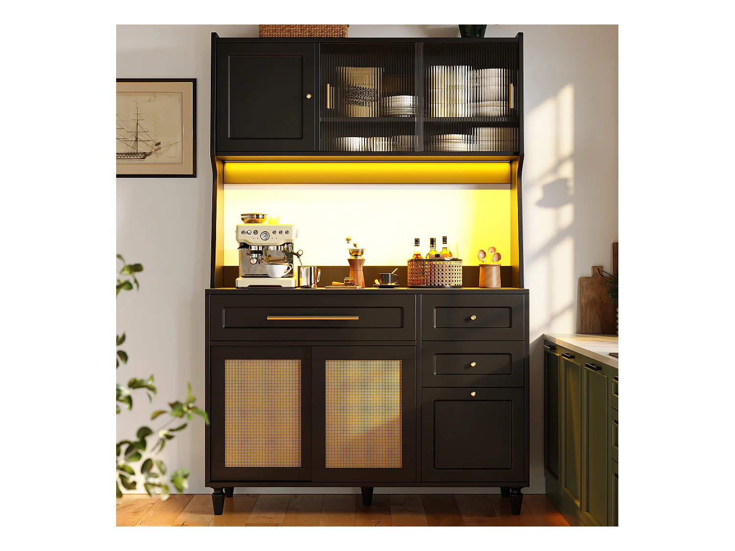 Buffet cuisine haut - 120 x 45 x 195.5 cm - avec étagères réglables + 3 tiroirs + 3 portes + Leds - MDF + rotin PE - noir