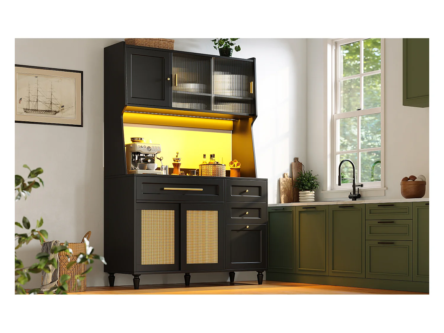 Buffet cuisine haut - 120 x 45 x 195.5 cm - avec étagères réglables + 3 tiroirs + 3 portes + Leds - MDF + rotin PE - noir