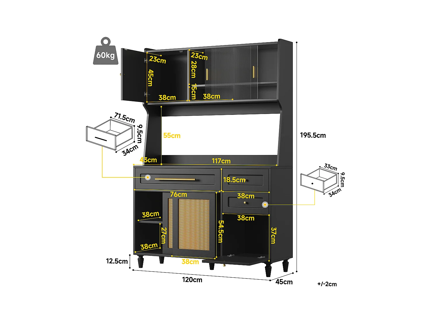 Buffet cuisine haut - 120 x 45 x 195.5 cm - avec étagères réglables + 3 tiroirs + 3 portes + Leds - MDF + rotin PE - noir