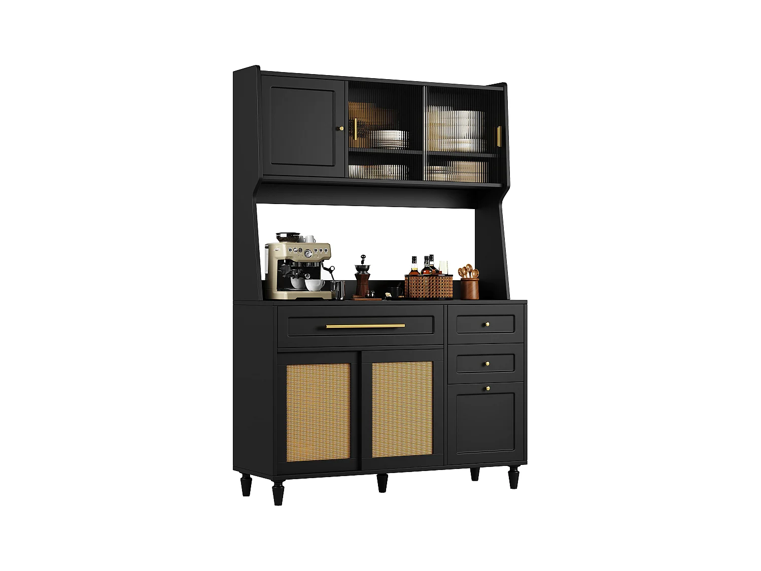 Buffet cuisine haut - 120 x 45 x 195.5 cm - avec étagères réglables + 3 tiroirs + 3 portes + Leds - MDF + rotin PE - noir