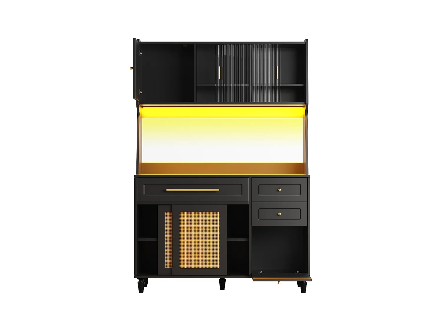 Buffet cuisine haut - 120 x 45 x 195.5 cm - avec étagères réglables + 3 tiroirs + 3 portes + Leds - MDF + rotin PE - noir