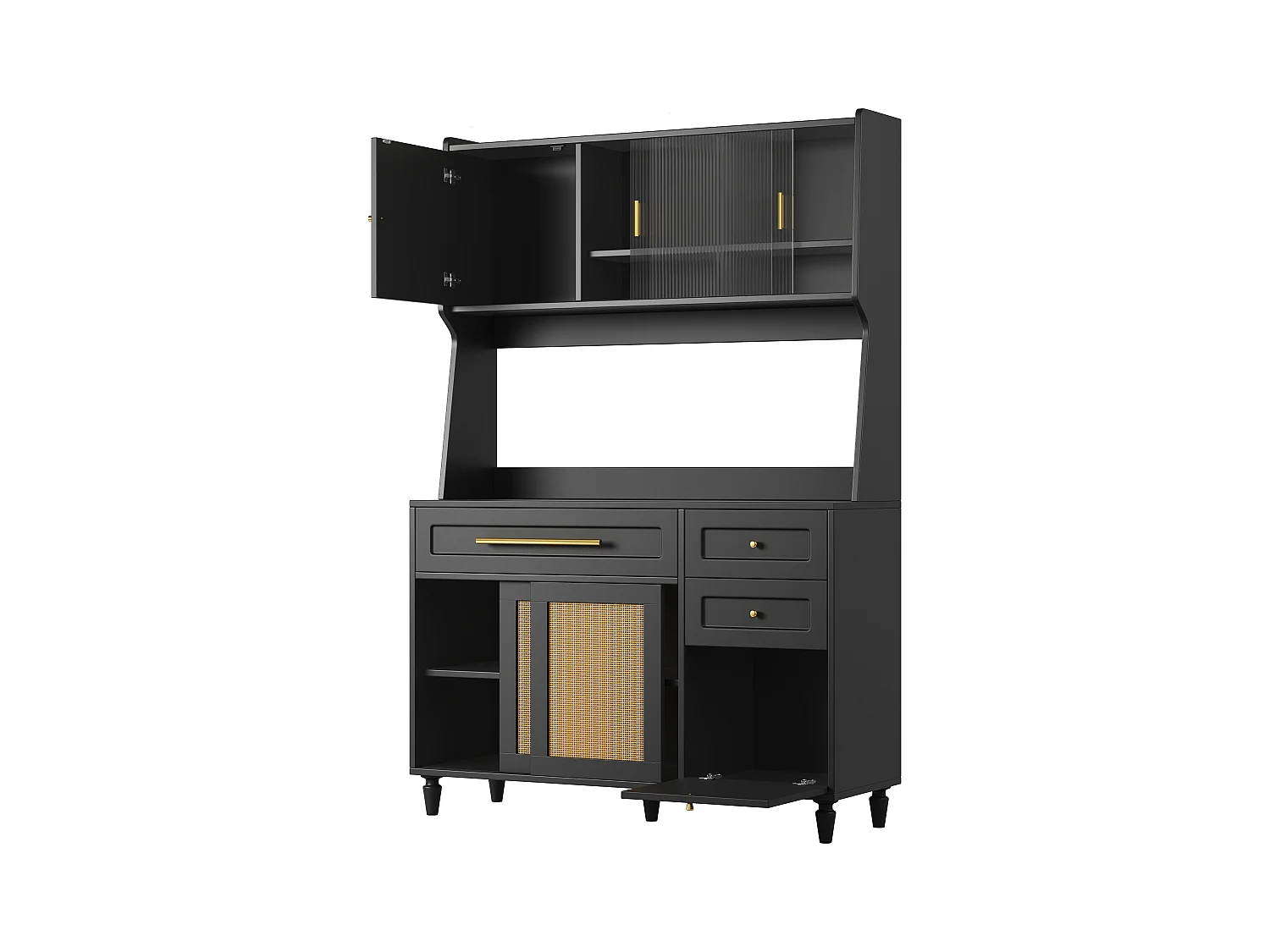 Buffet cuisine haut - 120 x 45 x 195.5 cm - avec étagères réglables + 3 tiroirs + 3 portes + Leds - MDF + rotin PE - noir