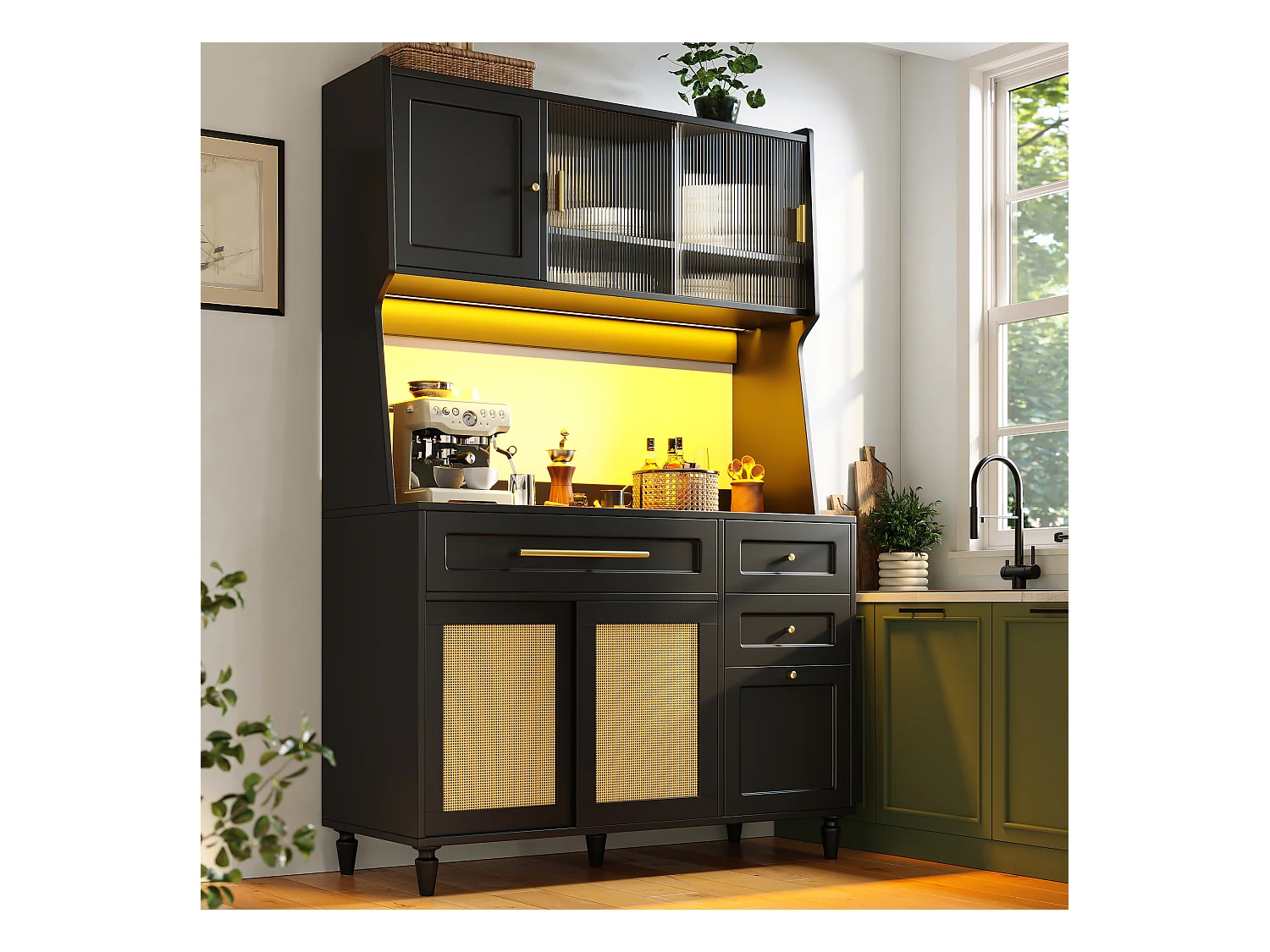 Hohes Küchen-Sideboard – 120 x 45 x 195,5 cm – mit verstellbaren Böden + 3 Schubladen + 3 Türen + LEDs – MDF + PE-Rattan – Schwarz
