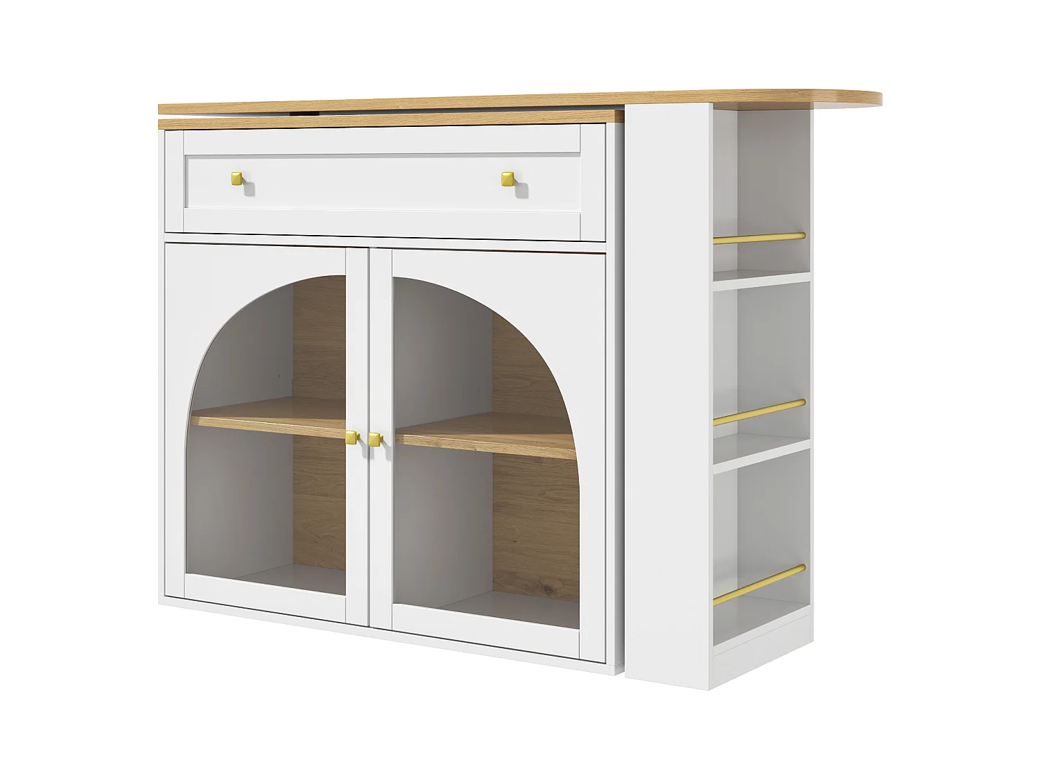 Meuble de bar extensible - 138-204 x 39 x 104 cm -  table à manger rotative à 360 °- avec 2 portes + 1 tiroir - MDF - blanc