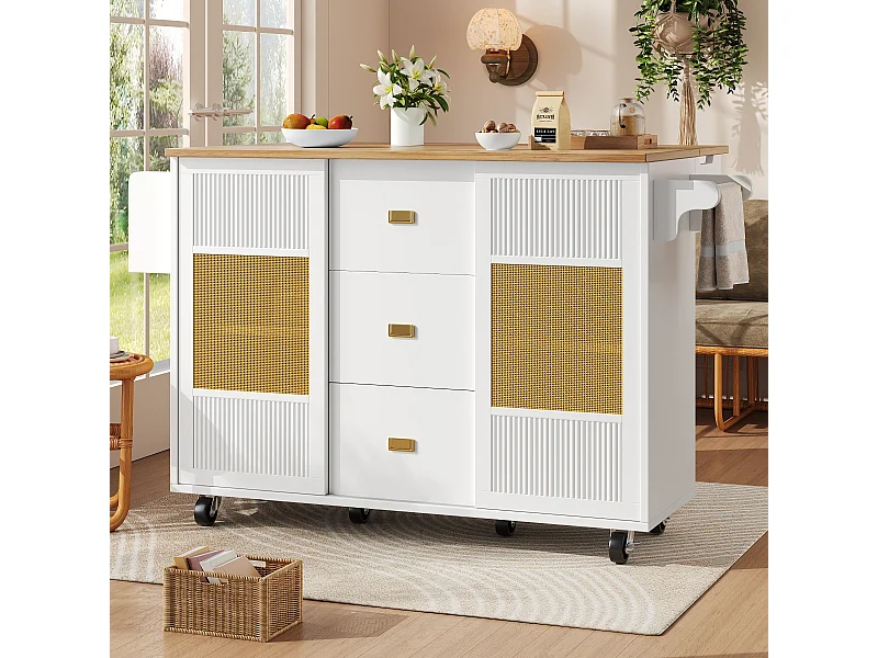 Wyspa kuchenna - 146,85 x 45/70 x 93 cm - rozkładany wózek na kółkach + 2 drzwi + 3 szuflady - MDF + Metal - biały