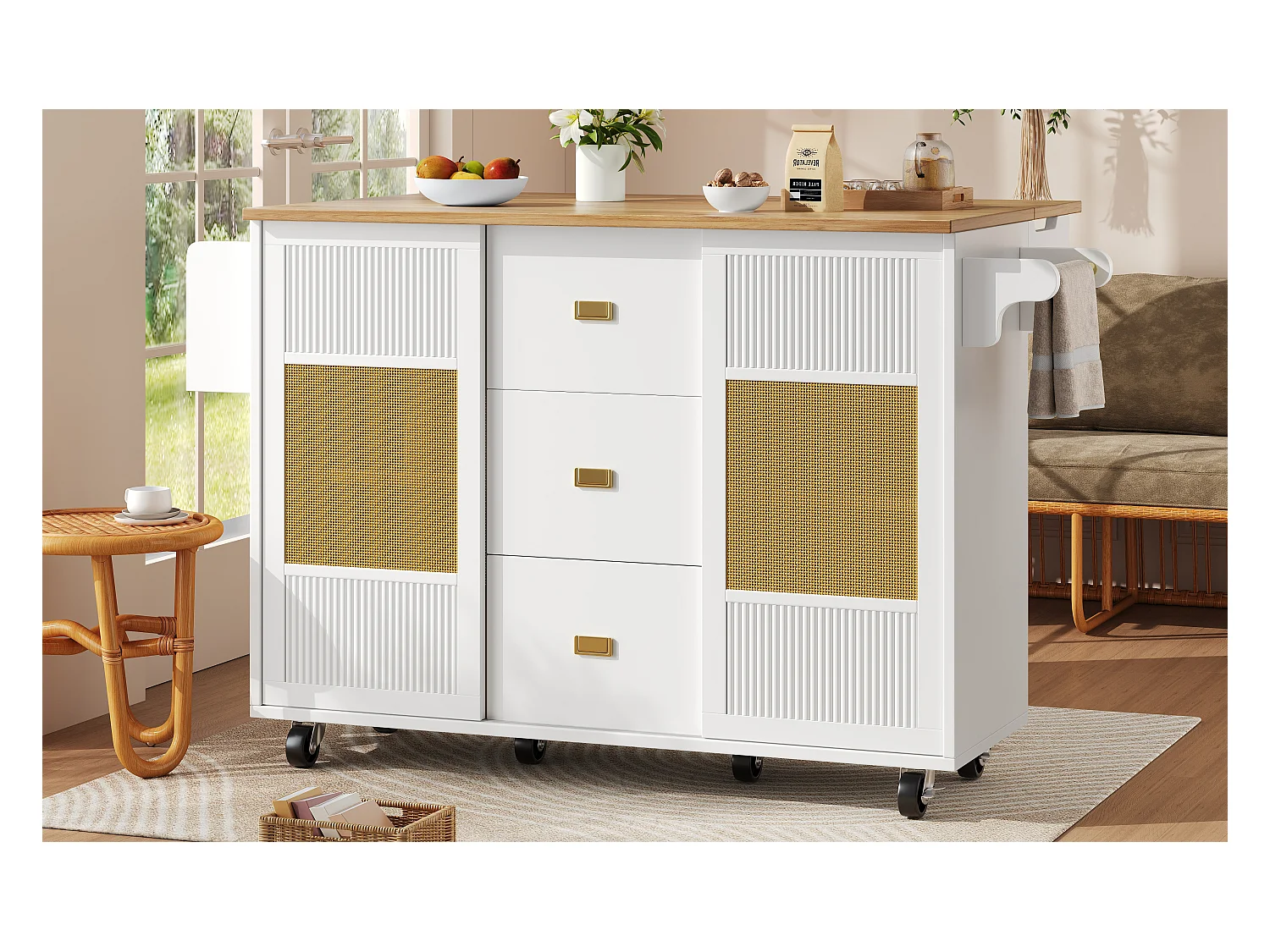 Îlot de cuisine - 146.85 x 45/70 x 93 cm - desserte extensible à roulettes + 2 portes + 3 tirois - MDF + Métal - blanc