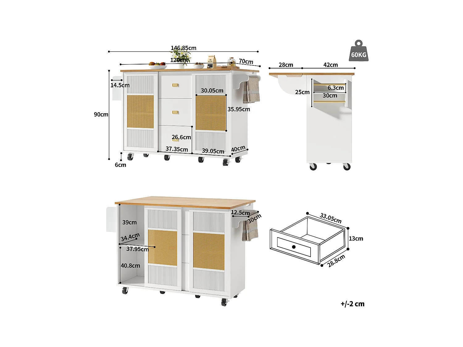 Îlot de cuisine - 146.85 x 45/70 x 93 cm - desserte extensible à roulettes + 2 portes + 3 tirois - MDF + Métal - blanc