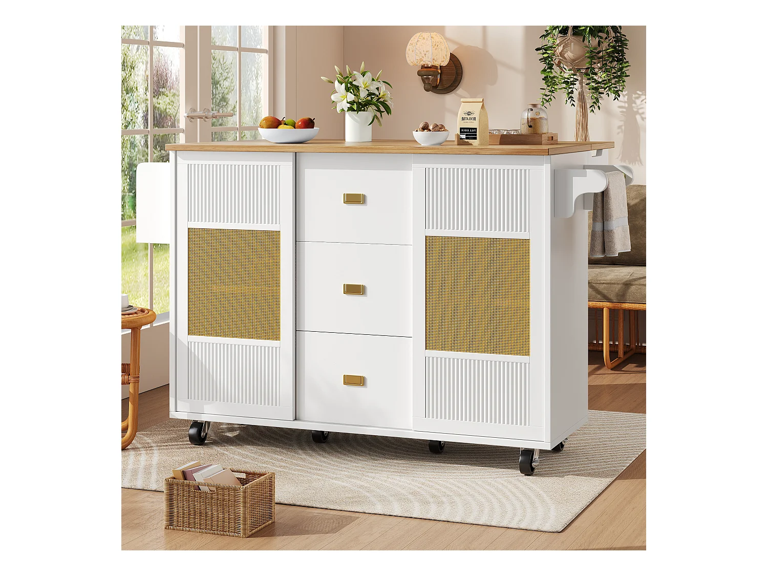 Îlot de cuisine - 146.85 x 45/70 x 93 cm - desserte extensible à roulettes + 2 portes + 3 tirois - MDF + Métal - blanc