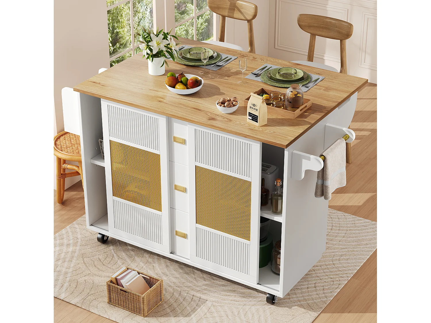 Îlot de cuisine - 146.85 x 45/70 x 93 cm - desserte extensible à roulettes + 2 portes + 3 tirois - MDF + Métal - blanc