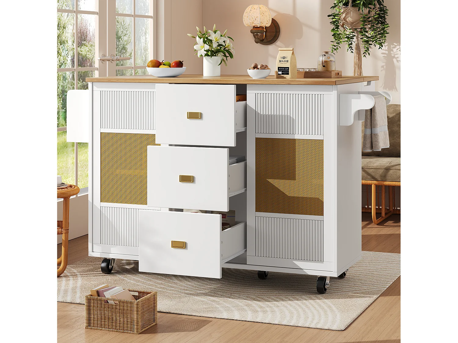 Îlot de cuisine - 146.85 x 45/70 x 93 cm - desserte extensible à roulettes + 2 portes + 3 tirois - MDF + Métal - blanc