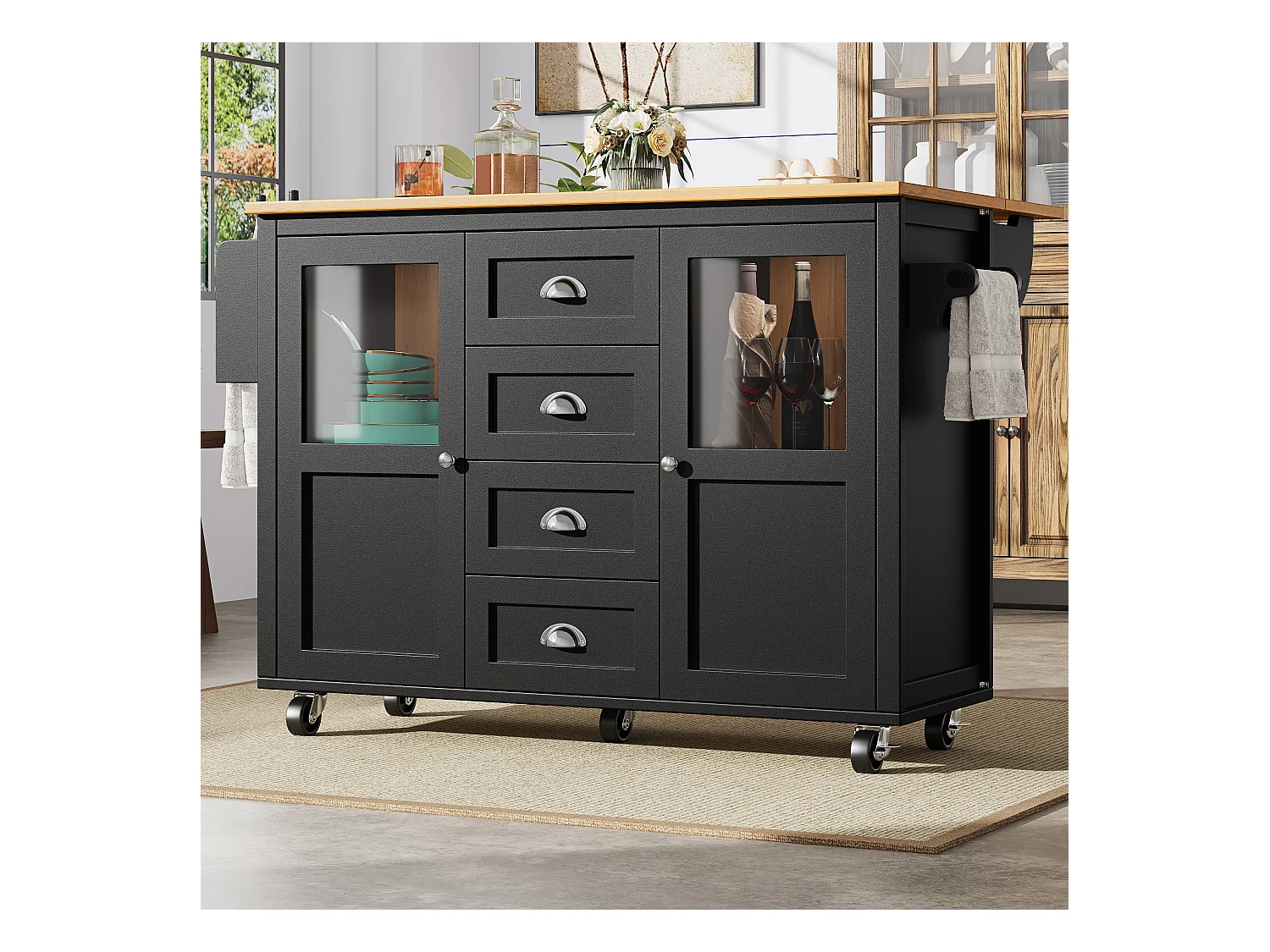 Îlot central extensible - 137.9 x 45/73 x 93 cm - desserte avec roulettes + 2 portes + 4 tiroirs - MDF + Métal - noir