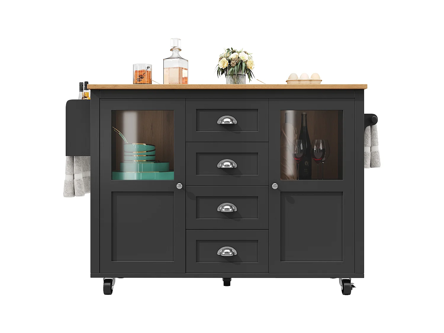 Îlot central extensible - 137.9 x 45/73 x 93 cm - desserte avec roulettes + 2 portes + 4 tiroirs - MDF + Métal - noir