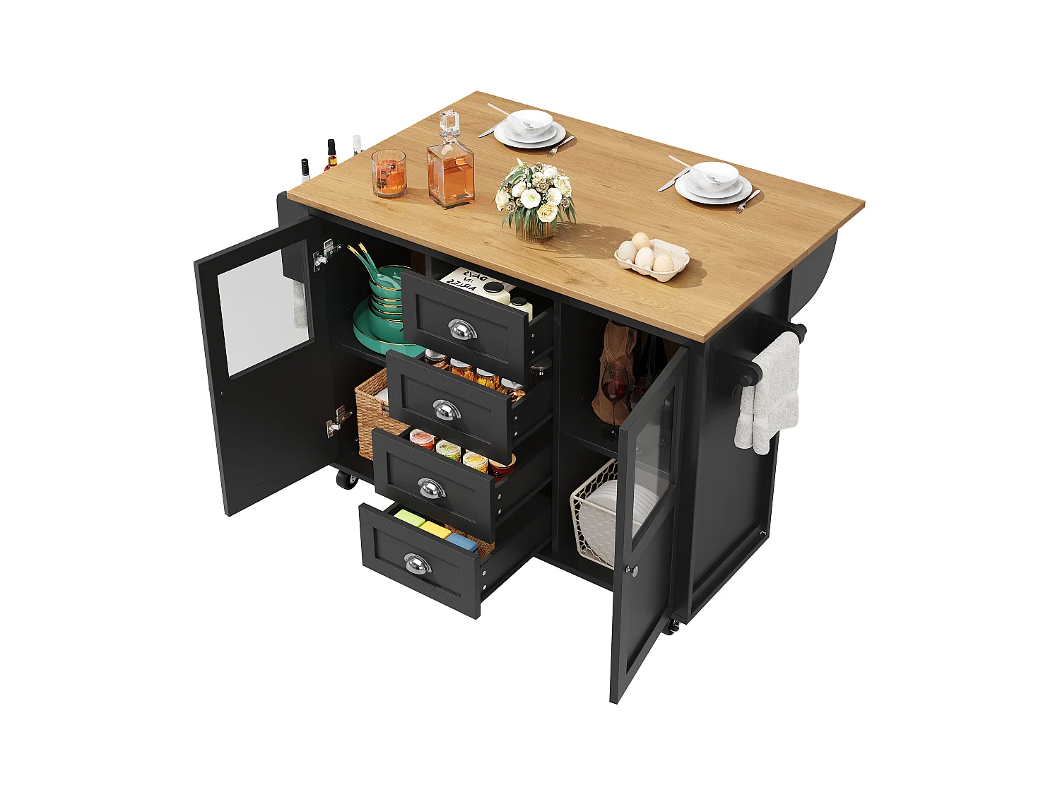 Îlot central extensible - 137.9 x 45/73 x 93 cm - desserte avec roulettes + 2 portes + 4 tiroirs - MDF + Métal - noir