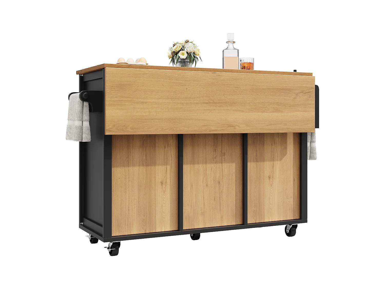 Îlot central extensible - 137.9 x 45/73 x 93 cm - desserte avec roulettes + 2 portes + 4 tiroirs - MDF + Métal - noir