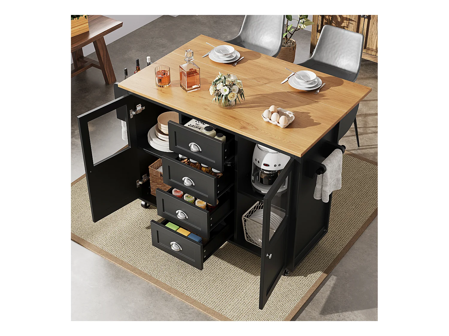 Îlot central extensible - 137.9 x 45/73 x 93 cm - desserte avec roulettes + 2 portes + 4 tiroirs - MDF + Métal - noir