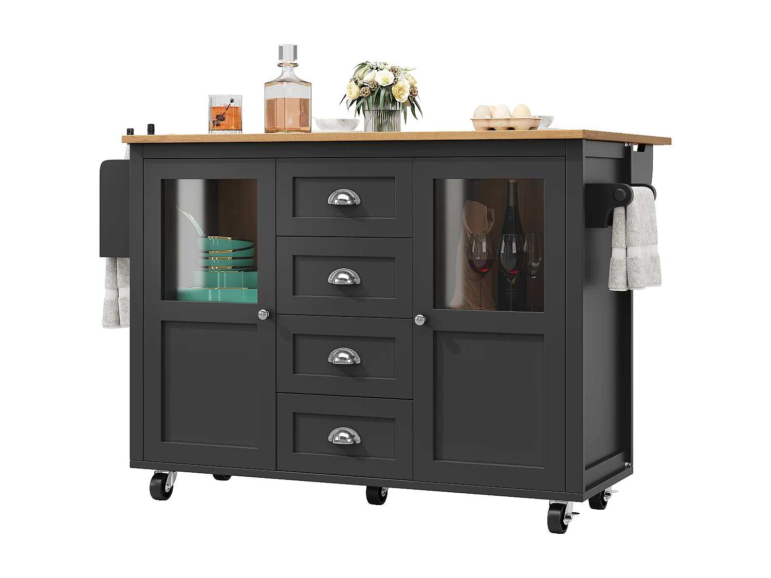 Îlot central extensible - 137.9 x 45/73 x 93 cm - desserte avec roulettes + 2 portes + 4 tiroirs - MDF + Métal - noir