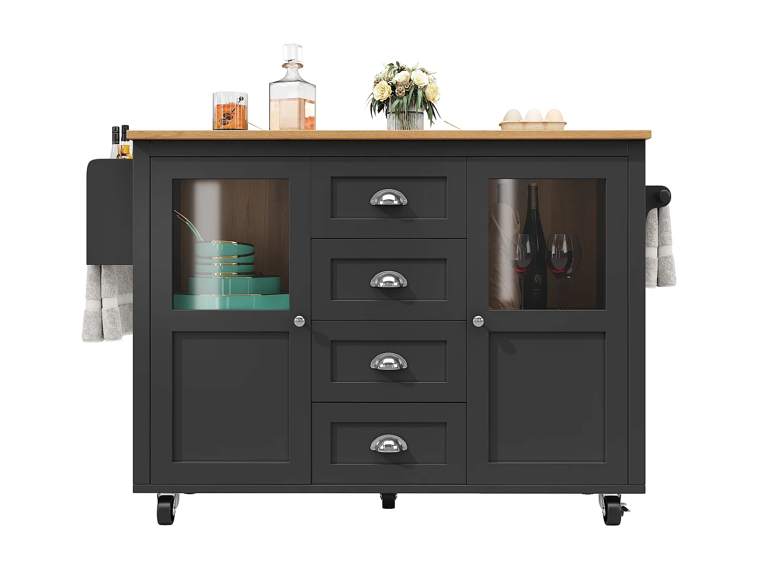 Îlot central extensible - 137.9 x 45/73 x 93 cm - desserte avec roulettes + 2 portes + 4 tiroirs - MDF + Métal - noir