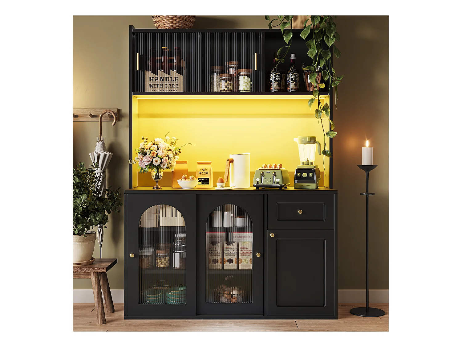 Buffet cuisine haut - 120 x 35 x 167 cm -  avec étagères réglables + 3 portes + 1 tiroirs + Leds -  MDF + PB - noir