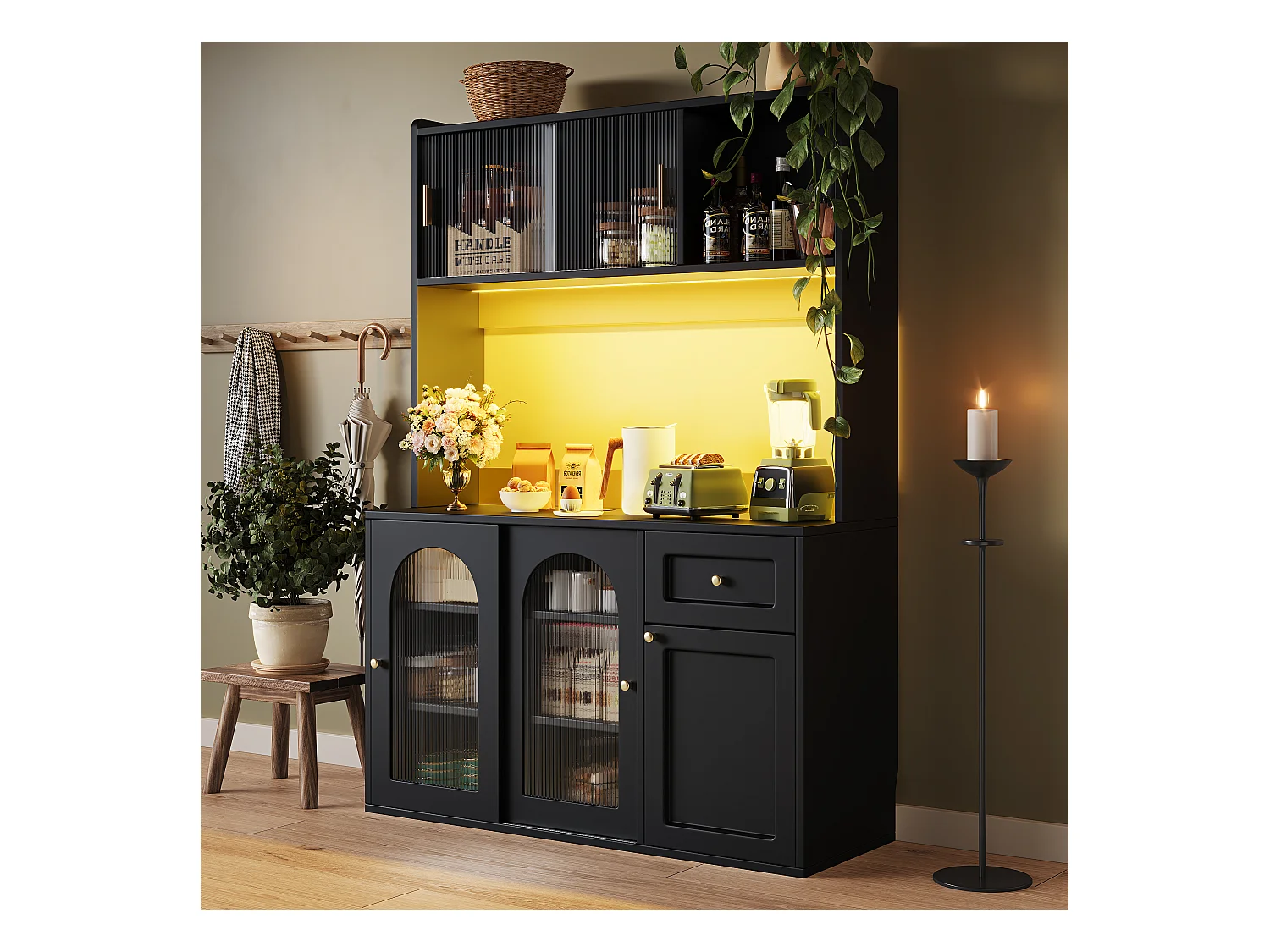 Buffet cuisine haut - 120 x 35 x 167 cm -  avec étagères réglables + 3 portes + 1 tiroirs + Leds -  MDF + PB - noir