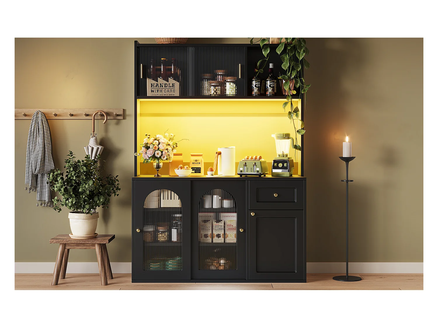 Buffet cuisine haut - 120 x 35 x 167 cm -  avec étagères réglables + 3 portes + 1 tiroirs + Leds -  MDF + PB - noir