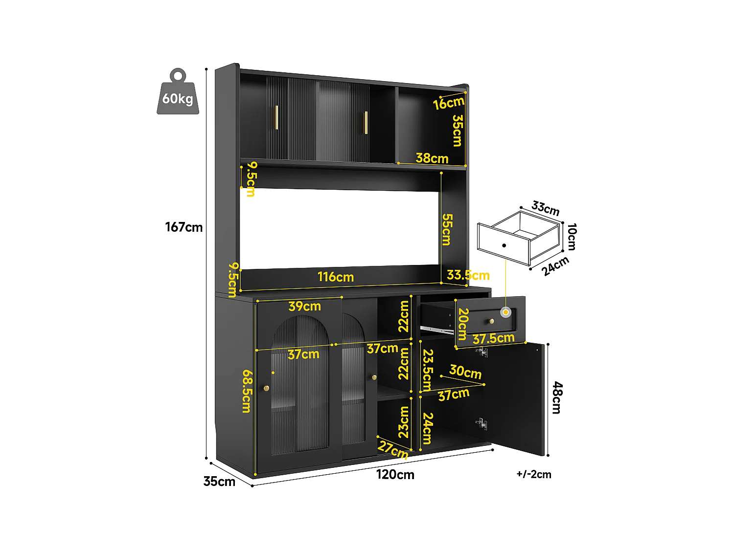 Buffet cuisine haut - 120 x 35 x 167 cm -  avec étagères réglables + 3 portes + 1 tiroirs + Leds -  MDF + PB - noir