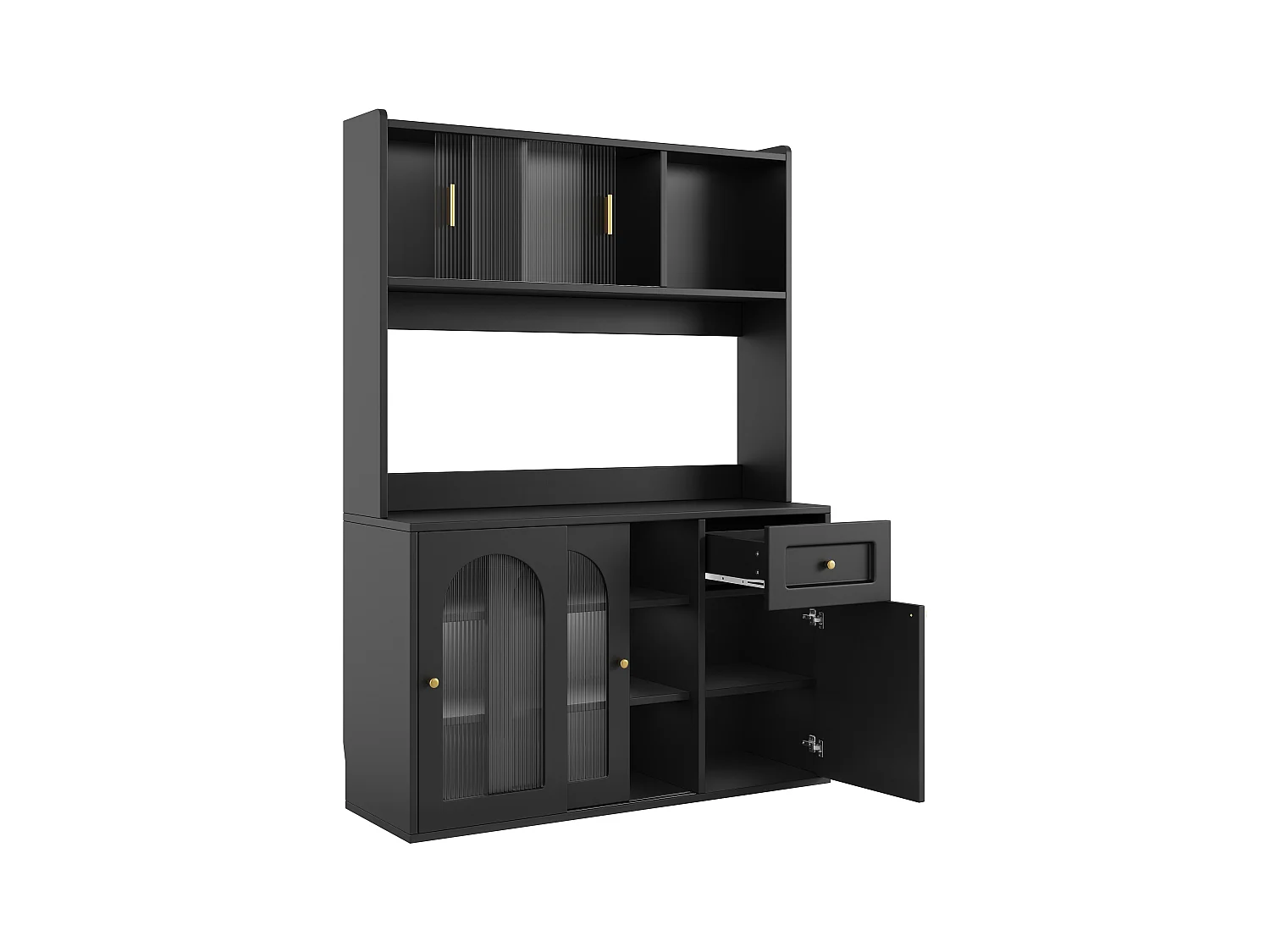 Buffet cuisine haut - 120 x 35 x 167 cm -  avec étagères réglables + 3 portes + 1 tiroirs + Leds -  MDF + PB - noir