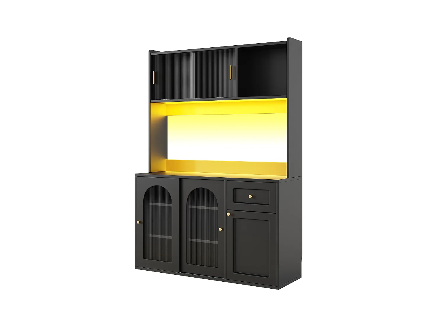 Buffet cuisine haut - 120 x 35 x 167 cm -  avec étagères réglables + 3 portes + 1 tiroirs + Leds -  MDF + PB - noir