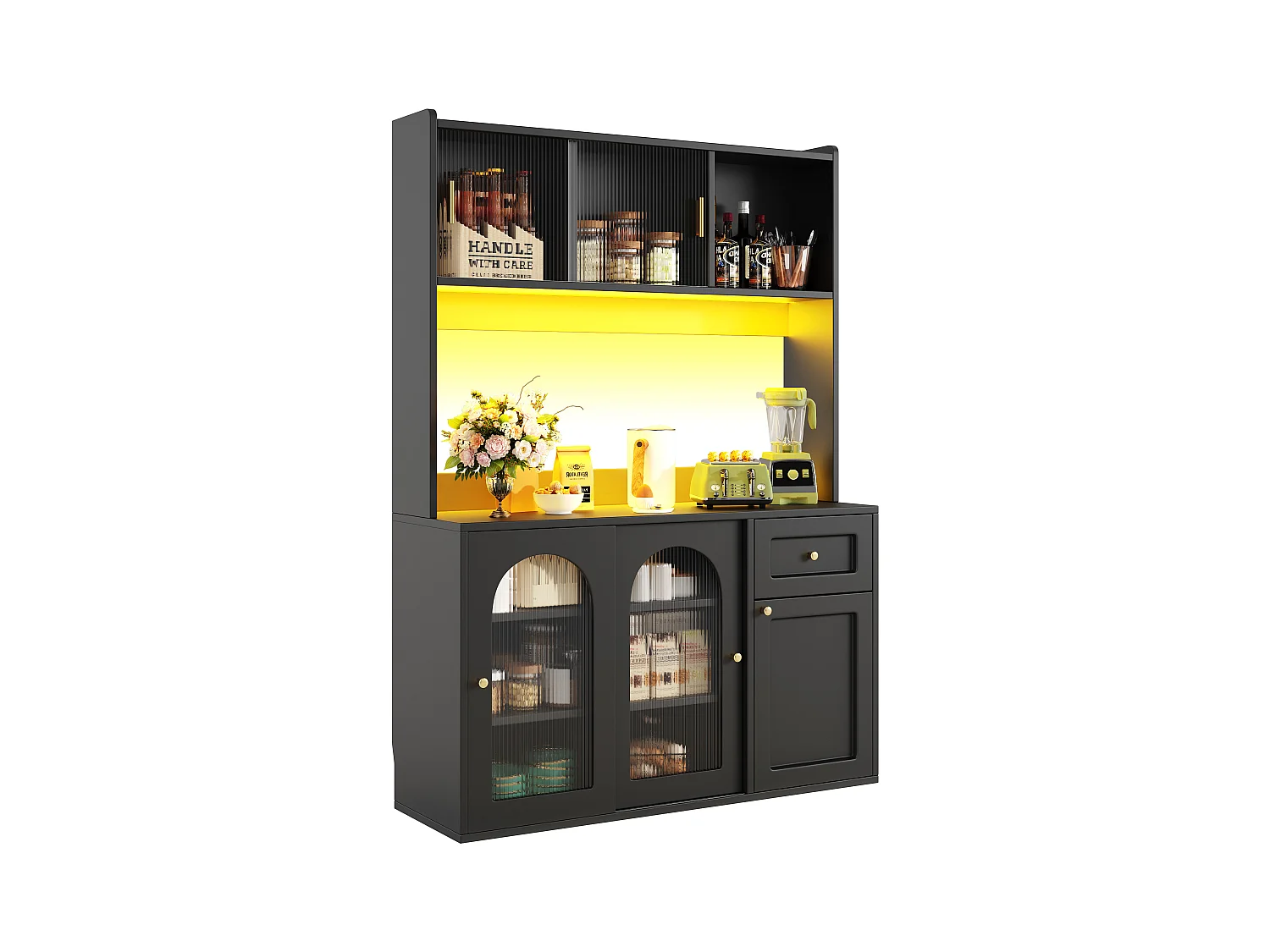 Buffet cuisine haut - 120 x 35 x 167 cm -  avec étagères réglables + 3 portes + 1 tiroirs + Leds -  MDF + PB - noir