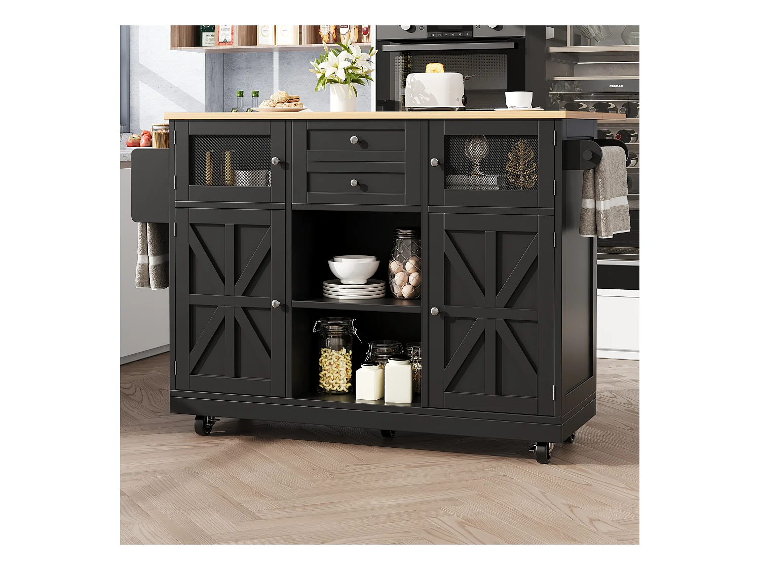 Îlot central à roulettes - 140 x 40 x 93.5 cm - avec plan de travail + 2 portes + 2 tiroirs -MDF - noir