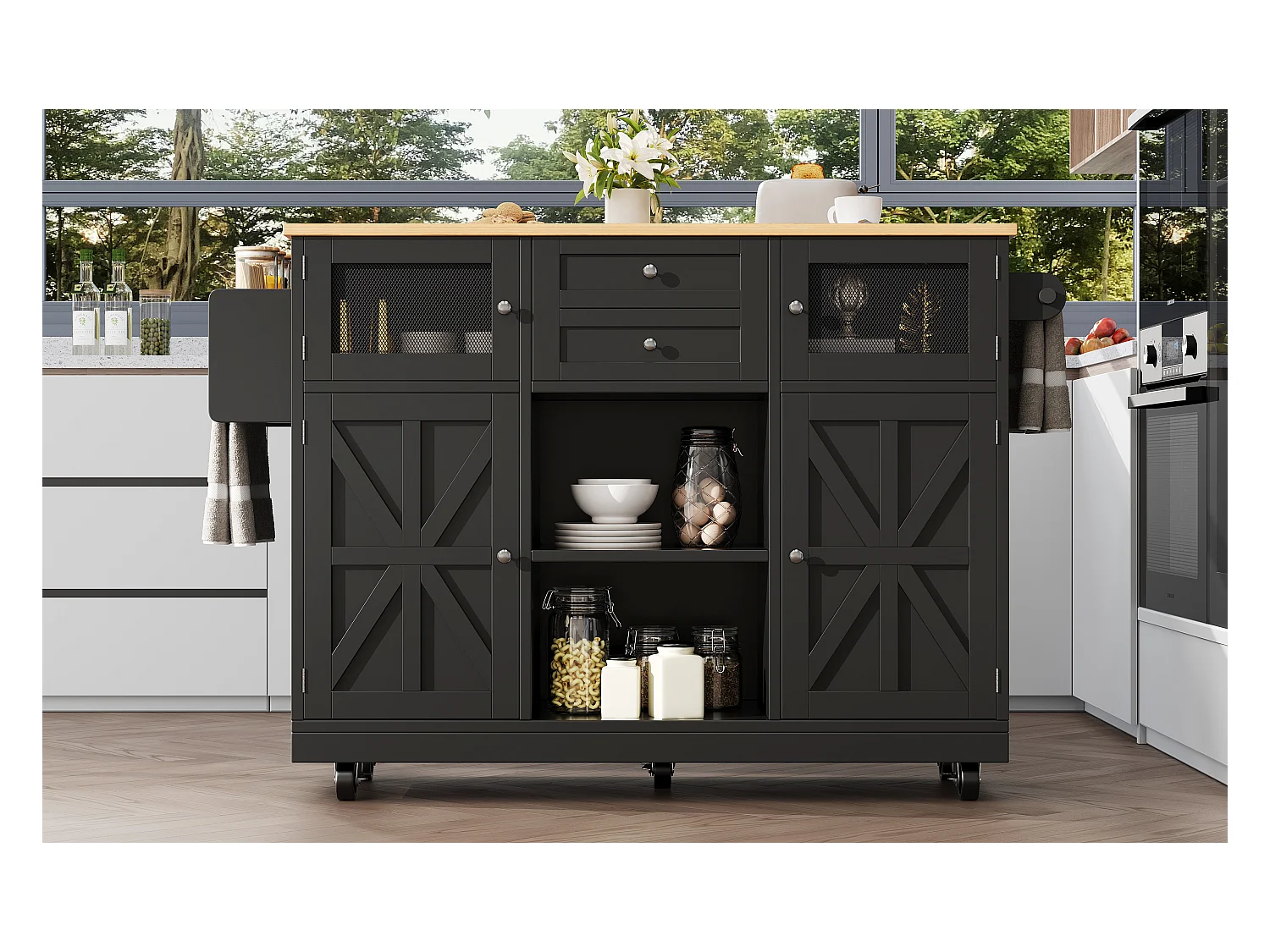 Îlot central à roulettes - 140 x 40 x 93.5 cm - avec plan de travail + 2 portes + 2 tiroirs -MDF - noir