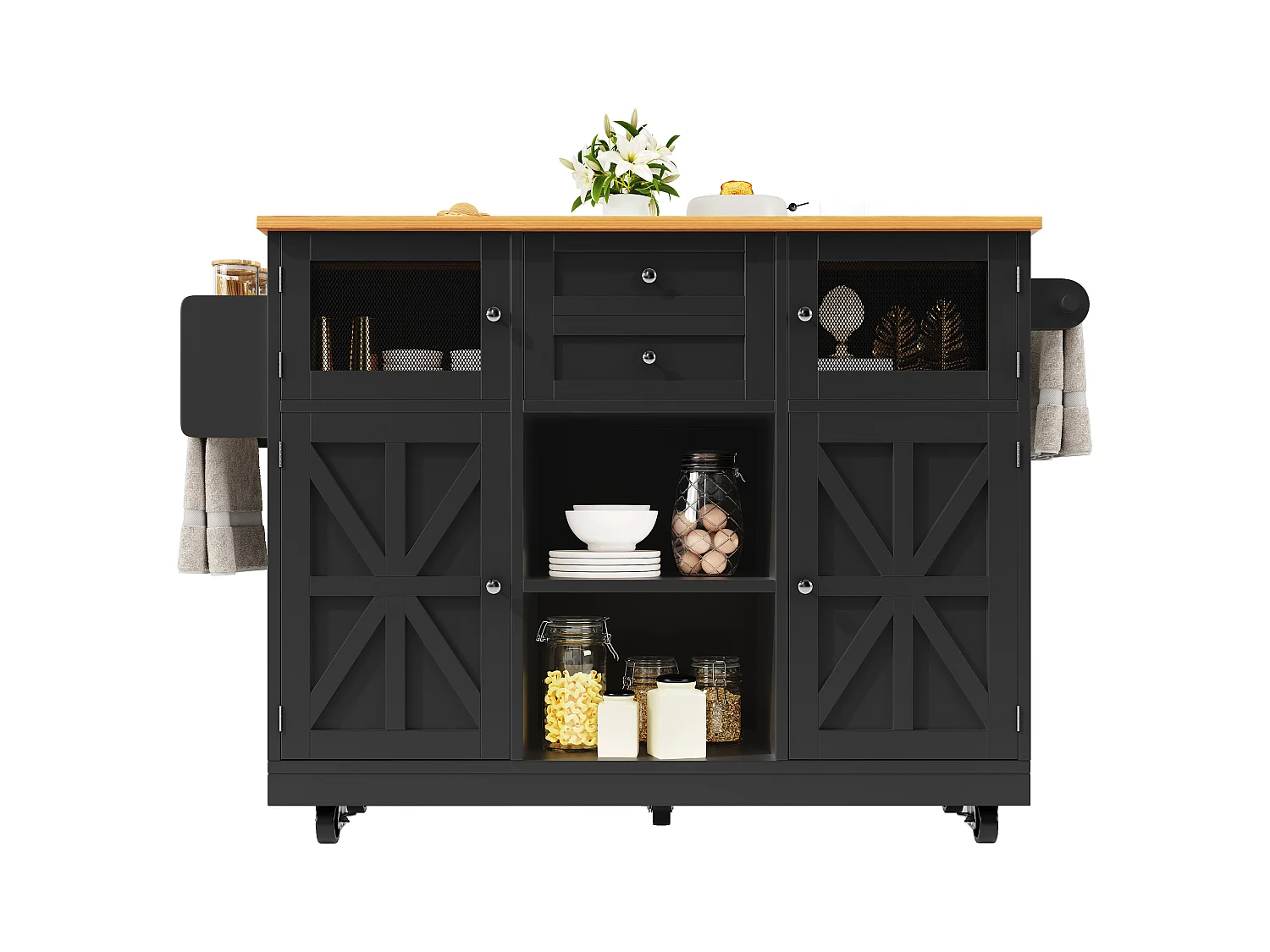 Îlot central à roulettes - 140 x 40 x 93.5 cm - avec plan de travail + 2 portes + 2 tiroirs -MDF - noir