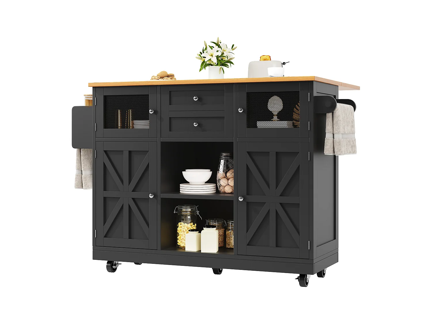 Îlot central à roulettes - 140 x 40 x 93.5 cm - avec plan de travail + 2 portes + 2 tiroirs -MDF - noir