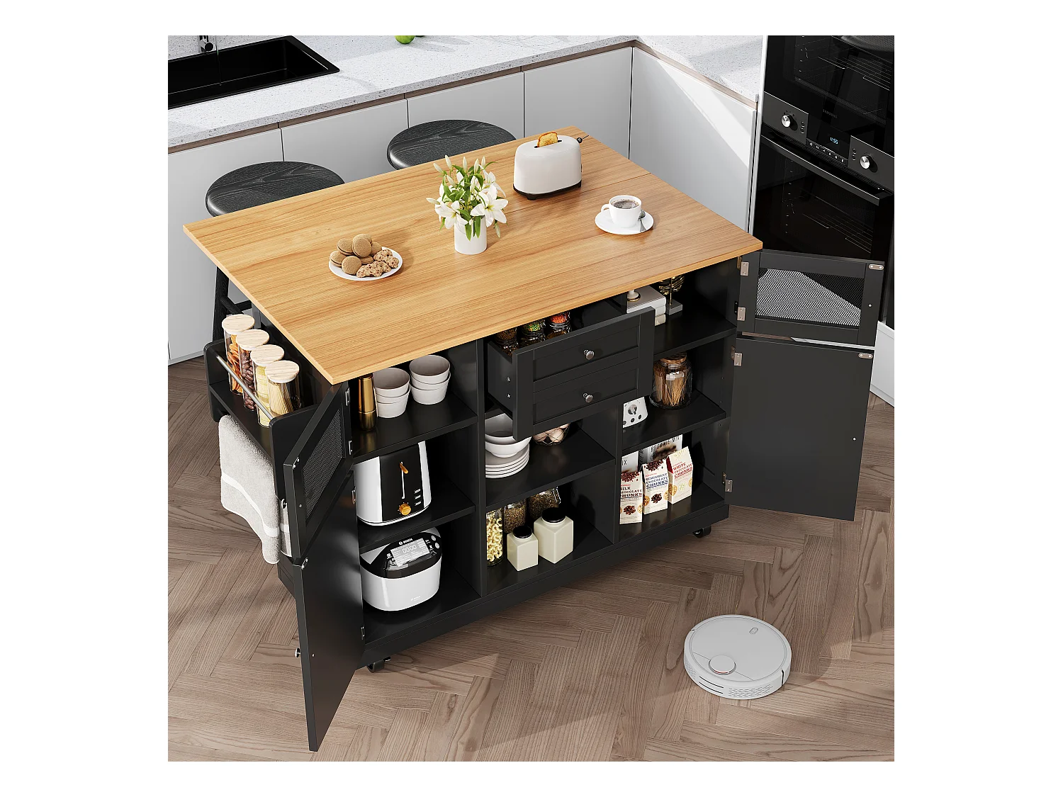 Îlot central à roulettes - 140 x 40 x 93.5 cm - avec plan de travail + 2 portes + 2 tiroirs -MDF - noir